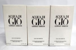 Three as new Giorgio Armani - Acqua Di Gio parfums 75ml, sealed boxes.