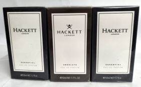 Three as new Hackett London 50ml EDP fragrances, two essential and one absolute, sealed boxes.