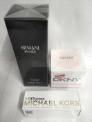 Three as new fragrances - Armani Code 200ml EDT, Michael Kors Sexy Amber 50ml EDP and DKNY Be Delici