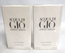 Two as new Giorgio Armani - Acqua Di Gio eau de toilettes 100ml, sealed boxes.