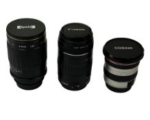Three pre-owned EF lenses in storage bag; Canon EF 90-300 mm f/4.5-5.6 USM, Opteka 500mm f8 MC Mirr