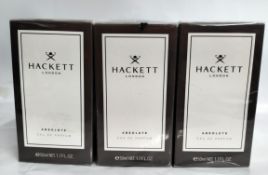 Three as new Hackett London 50ml EDP absolute fragrances, sealed boxes.