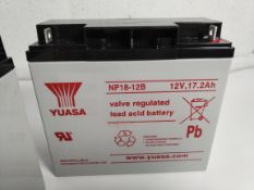 Four Yuasa valve regulated sealed lead acid batteries, 12v, 17.2Ah, box opened (NP18-12B).