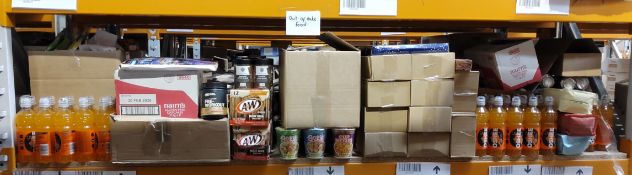 A shelf of assorted out-of-date food, drinks and related.