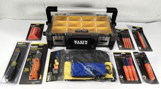 Nine as new Klein Tools related items to include VDV protech transport case, stand up zipper bags,