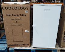 A Cookology under counter fridge in white, outer shell damage/dents comes with instructions and box.