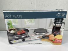 Six boxed as new KitchenPerfected E4203SS Double Hotplates.