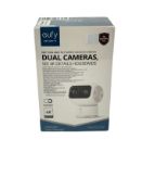 As new Eufy Security Indoor Cam S350 Wired 4K Dual Lens Indoor Camera (M/N: T8416).