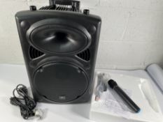A QTX QR12PABT Portable PA with Bluetooth and two wireless microphones.