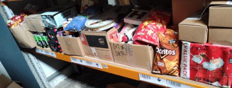 A shelf of assorted out-of-date food, drinks and related.