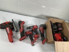 Five pre-owned Milwaukee hand power tools: M18 ONEPD2, ONEID2, FMT, FSAG115X, and FBJS along with se