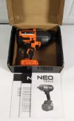 A Neo Tools 18V cordless brushless impact wrench with instructions, no battery included, box opened.
