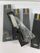 Four as new Shinrai Knives: Damascus Print Santoku 18cm, Hammered Steel Small Santoku 13cm (x2) and