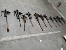 Eleven preowned Blacksmith Post leg Stump Vises, various, weights/sizes. *PLEASE NOTE - Large, bulky