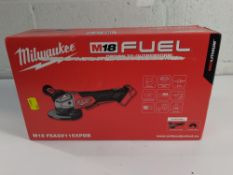 A Milwaukee M18 FSAGV1 15XPDB 18v cordless angle grinder.