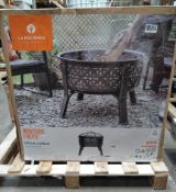 A La Hacienda moresque firepit H73 x D76cm brushed bronze effect finish, box opened. (58094)