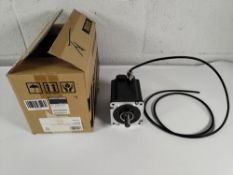 A Sanyo Denki 2-phase, 250 VAC, IP65-rated industrial Sanmotion stepping motor, box open. (SP2862-51