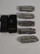 Five pre-owned Leatherman multi tools to include Rev, Rebar, Wingman, Wave.