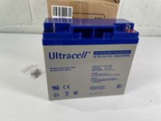 Six boxed as new Ultracell UL18-12, 18Ah 12V Rechargeable Lead VRLA Batteries.
