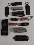 Six pre-owned Leatherman multi tools and one Gerber to include Wave, Wingman, Micra, Rev.