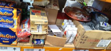 A quantity of assorted out of date food, drinks and related items (one shelf).