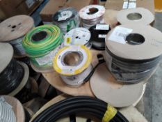 A pallet of assorted reels of cables, wires and related.