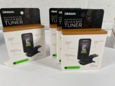 Four boxed as new D'Addario Rechargeable Cello Tuner & Bass Tuners (some minor damage to one of the