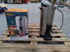 One preowned Giles and Posner heated mulled wine urn (7Ltr capacity) + one Buffalo HF150 water boile
