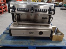 Preowned Laspasiale twin group commercial coffee machine with accessories.