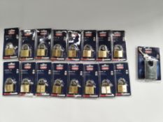 Seventeen as new Abus Pad locks with keys, 16x Premium 65/40, (4003318098529) and 1x Rock 83CS/55, (