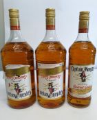 Two Captain Morgan Original Spiced Gold rum 2 x 1500ml (optic bottles) and one Captain Morgan Origin