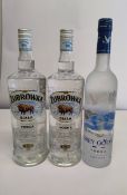 Two Zubrowka Biala Vodka 2 x 1L and a Grey Goose Vodka 700ml.