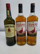 Two The Famous Grouse blended Scotch whisky 2 x 1L and a Jameson Irish whiskey 1L.
