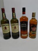Two Jameson Irish whiskey 2 x 1L, Whyte & Mackay blended Scotch whisky 1L, Havana Club Cuban spiced