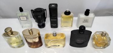 Thirty perfumes/testers and related to include Chanel, Givenchy, Paco Rabanne, YSL and more! (please