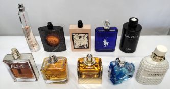 Thirty perfumes/testers and related to include Burberry, Boss, Armani, Gucci, Valentino and more! (p
