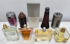 Thirty perfumes/testers and related to include Boss, Lancome, Valentino, Lacoste, Armani and more! (