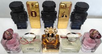 Thirty perfumes/testers and related to include Boss, Lancome, Gucci, Paco Rabanne, Chloe and more! (