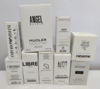 Thirty boxed perfumes/testers and related to include Armani, YSL, Mugler, Givenchy, Jimmy Choo and m