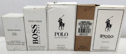 Thirty perfumes/testers and related to include Boss, Lacoste, Lancome, Gucci and more! (please note: