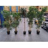 Five assorted preowned fake bamboo plants, in weighted plant pots.