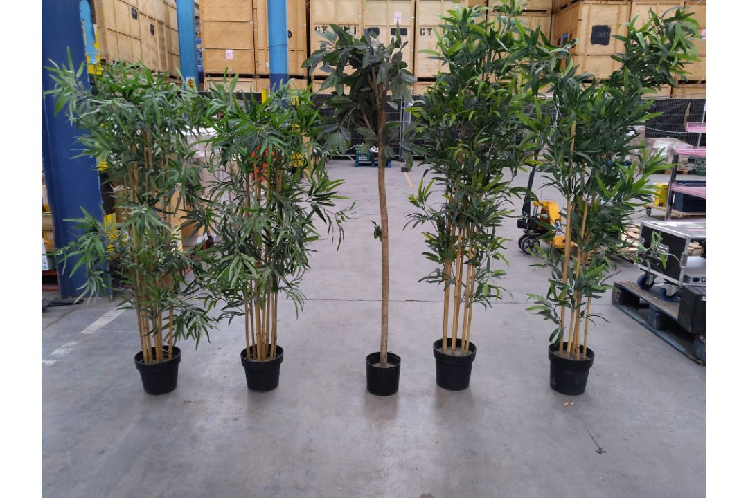 Five assorted preowned fake bamboo plants, in weighted plant pots.
