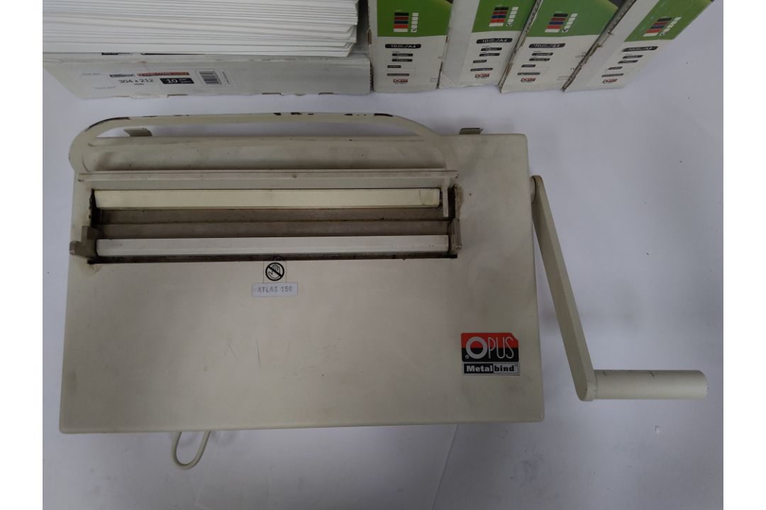Preowned Opus Atlas 150 Metalbind bookbinding machine, plus a box of assorted unused accessories. - Image 2 of 4