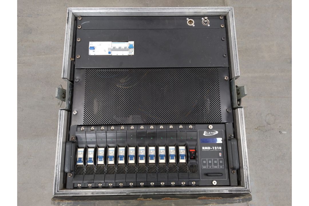 Preowned Elation RMD-1210 rack mounted dimmer. 12 channels, 10 amps per channel. mounted in flight c - Image 1 of 6