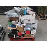 A pallet of assorted auto parts and related products.