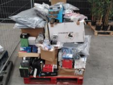 A pallet of assorted auto parts and related products.