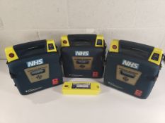 Three Pre-owned Cardiac Science Powerheart G3 Elite AED Defibrillators units, One expired battery in