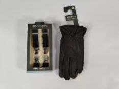 Fifteen as new Sophos items, 9x pairs of Men's Gloves (Various sizes) with 6x Sophos Men's Braces (O