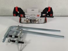 Two Bessey GS 50K F Clamps and a Bessey EZM-EZL-SET 4 piece one-handed clamp set, all as new.