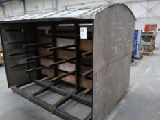 Preowned heavy duty sheet metal and steel industrial storage rack, with 15 internal wooden storage d